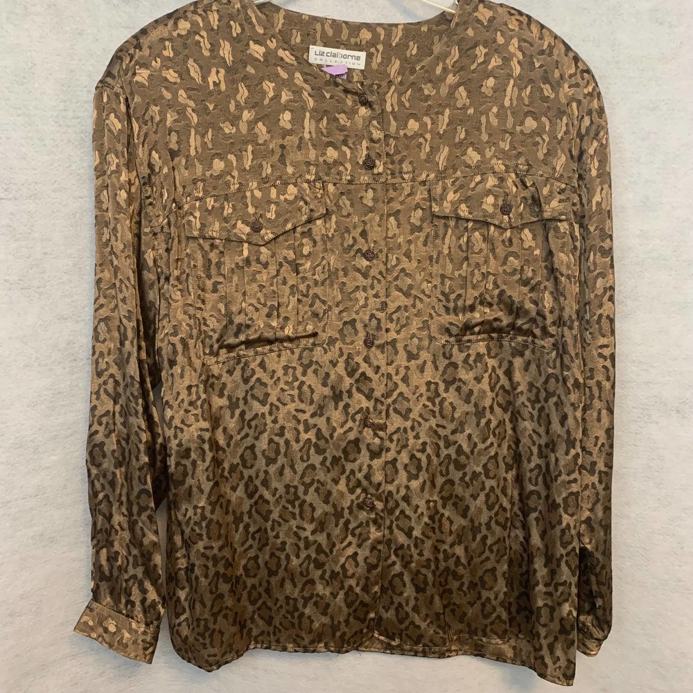 Liz Claiborne Collection Shimmery Gold Rayon Leopard Print Blouse Women's Size M